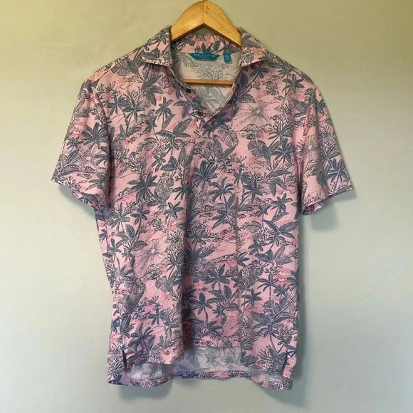 Tori Richard Honolulu palm tree tropical fish print pink  blue polo shirt - Picture 1 of 8